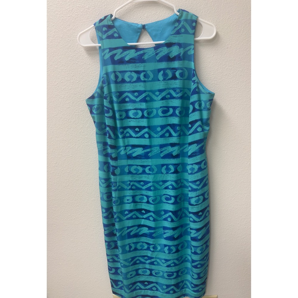 Maggy London Geometric Print Silk Sheath Dress Womens 10 Teal Blue Office - Picture 2 of 9